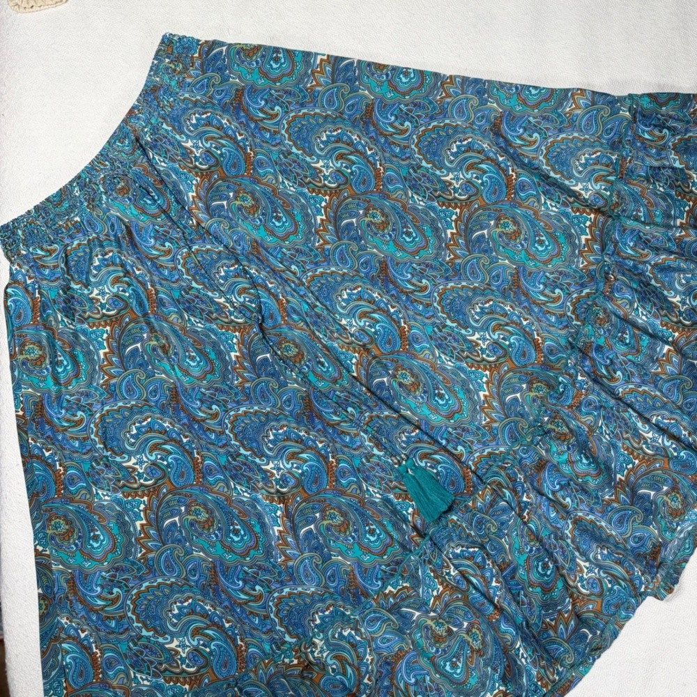 Chelsea & Theodore Blue Paisley Smocked Waist Midi Skirt Boho Tassel Womens XS